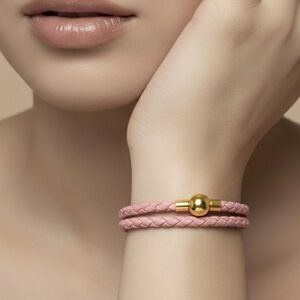 Linx Pink Double Wrap Braided Leather Bolo Cord Bracelet Gold Magnetic Clasp